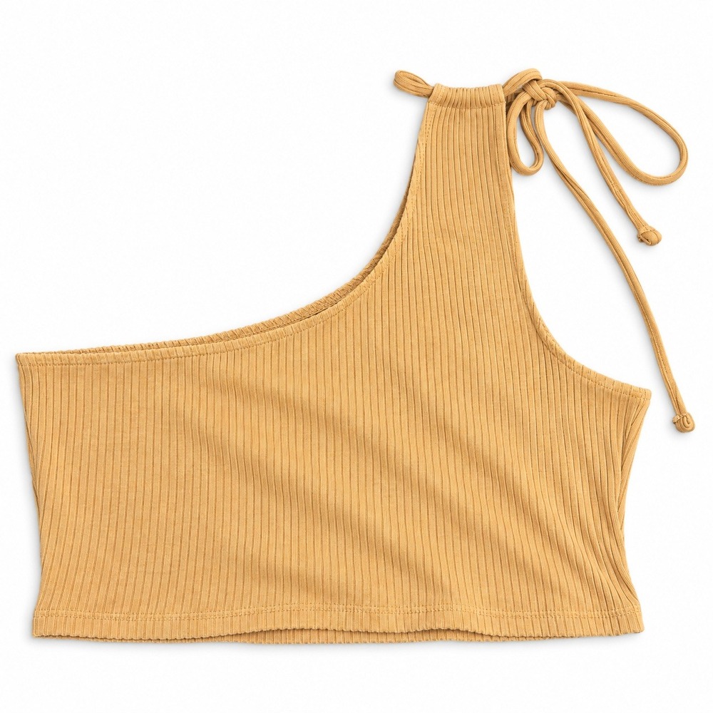 Aerie Womens Size S Tan Ribbed One Shoulder Crop Top Tie Strap Asymmetrical